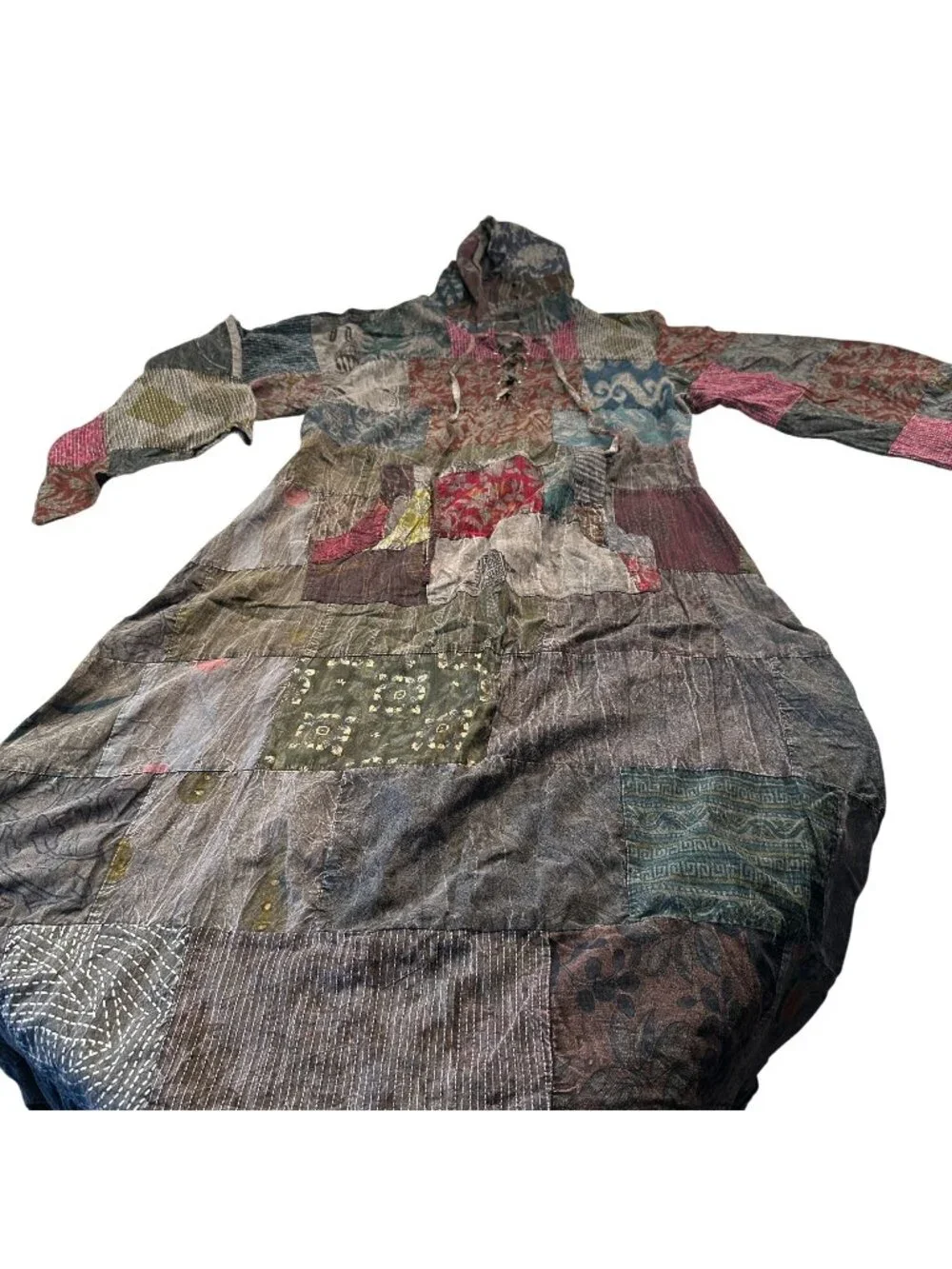 Earthbound Trading Co Patchwork Hooded Maxi Dress Womens Boho Hippie Cotton